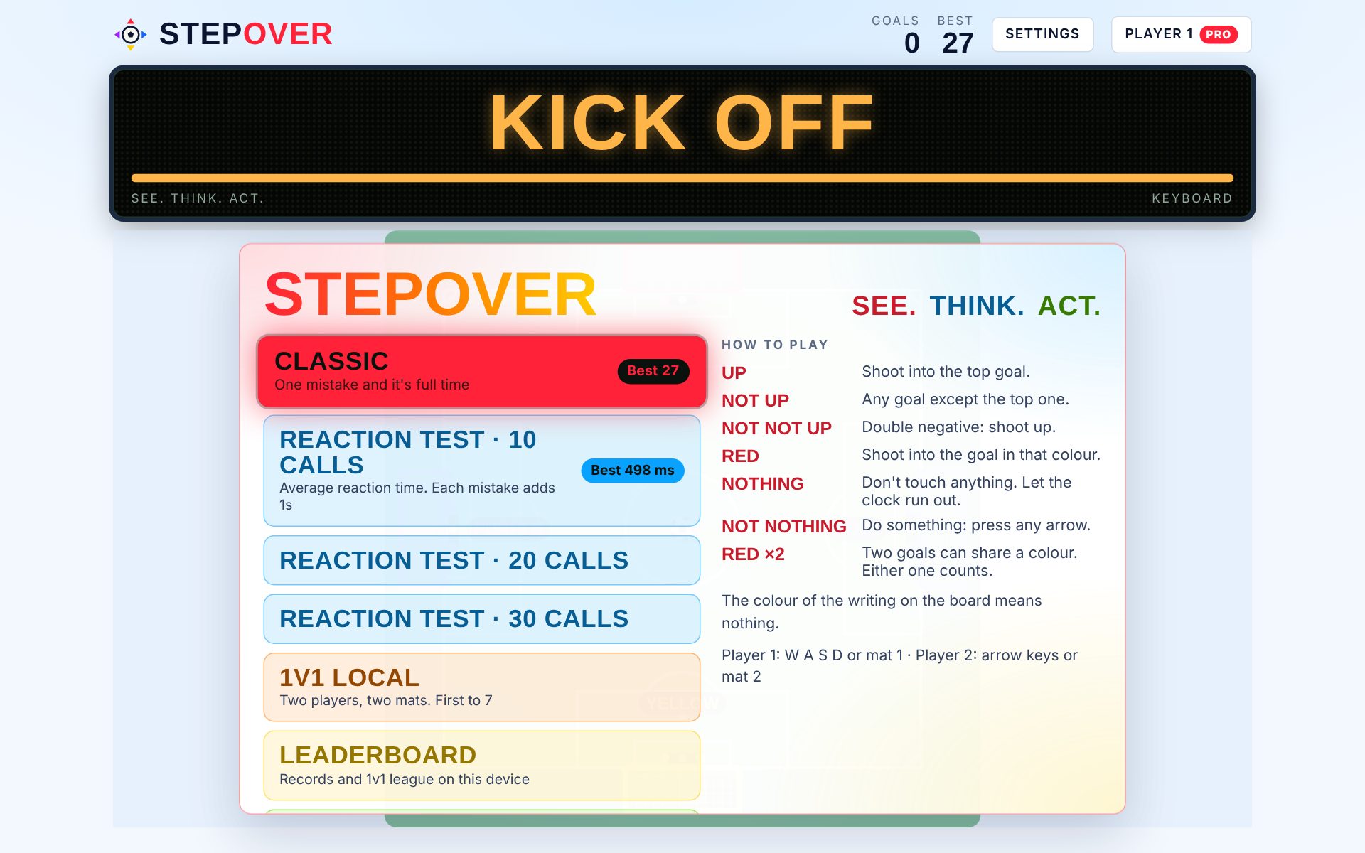 StepOver main menu with brightly coloured mode tiles and the rules